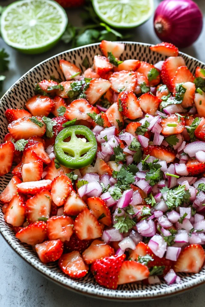 Have you ever taken a bite of something and instantly felt like it was summer !!  Well, that’s exactly what this strawberry salsa does. It is sweet as well as a little spicy and incredibly fresh.

At first, I wasn’t sure if it would work because strawberries in salsa seemed unusual. However, after just one scoop, I realized it was a perfect combination. The juicy berries combined with the zingy lime and the little kick from the jalapeño create an incredible balance of flavors.
