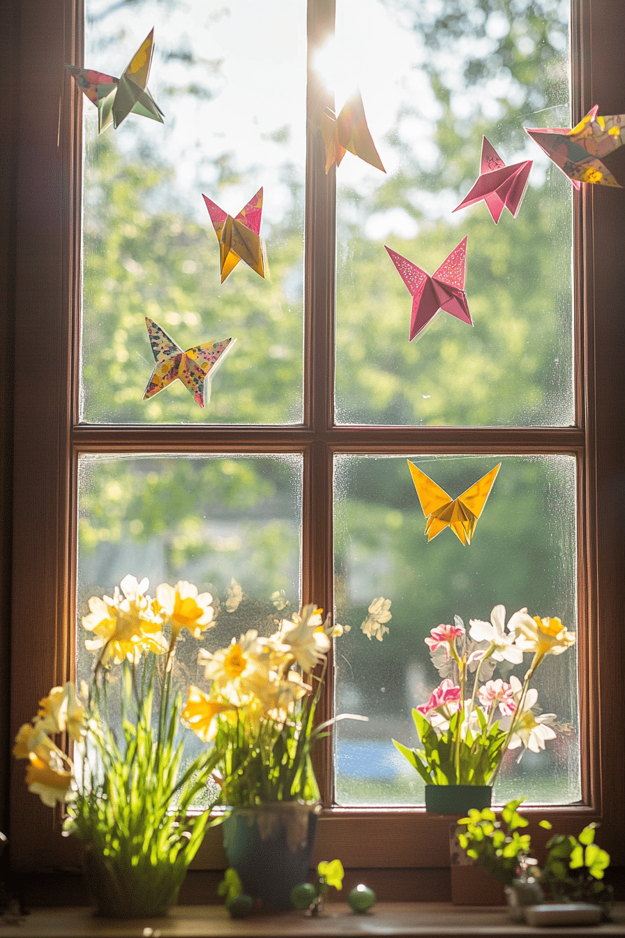 Sunlit Origami Butterflies & Blooming Flowers