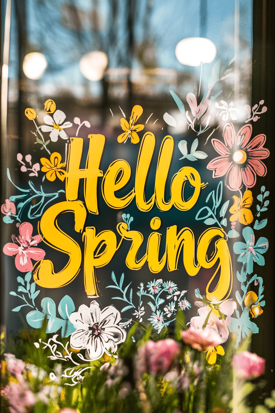 Cheerful “Hello Spring” Floral Window Art
