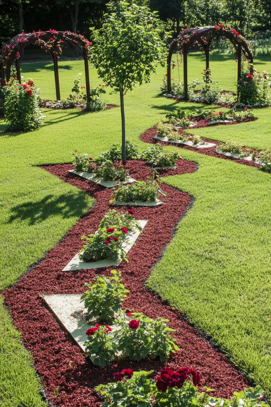 Whimsical Garden Path with Red Blooms