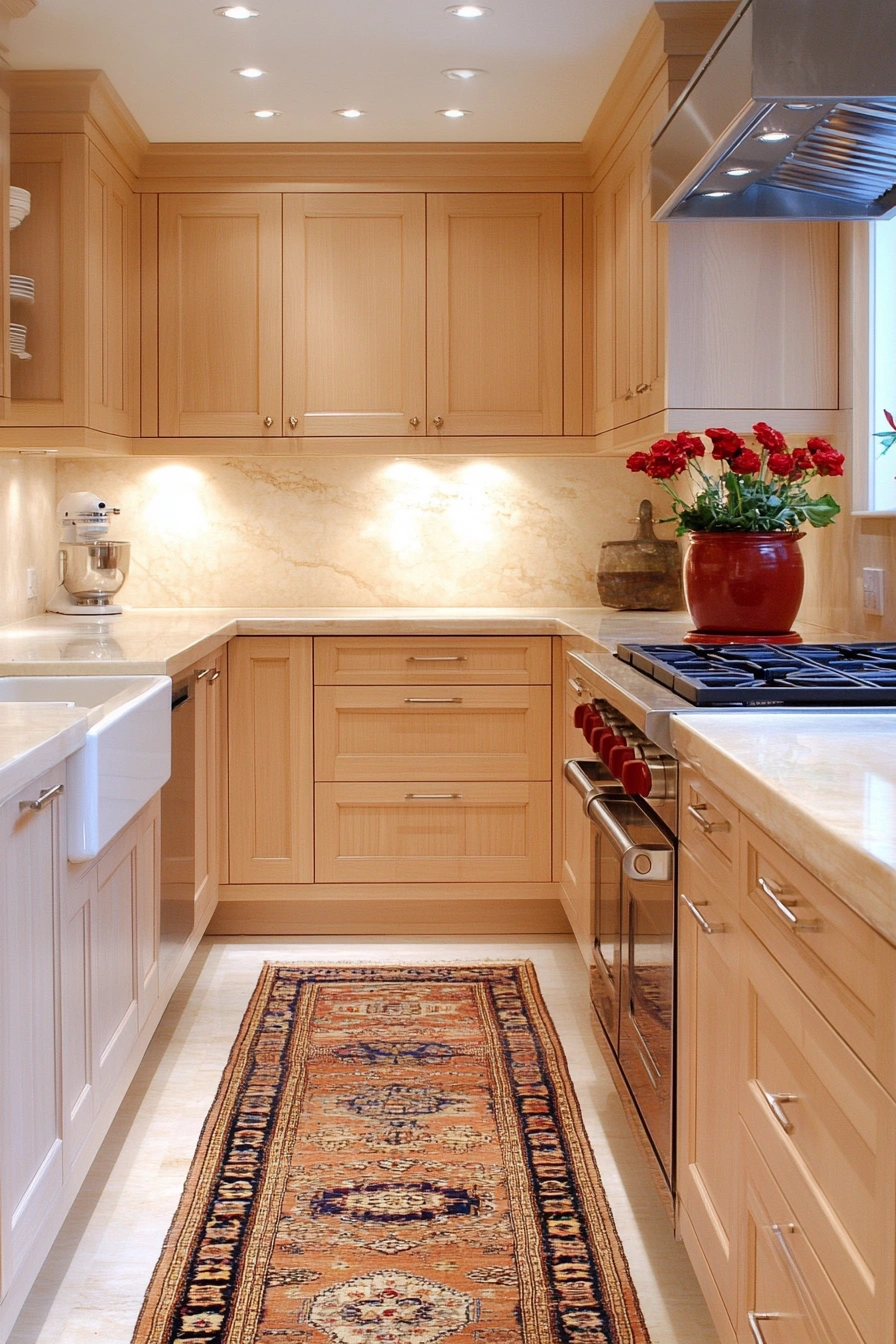 Warm Maple Kitchen with Vintage Runner