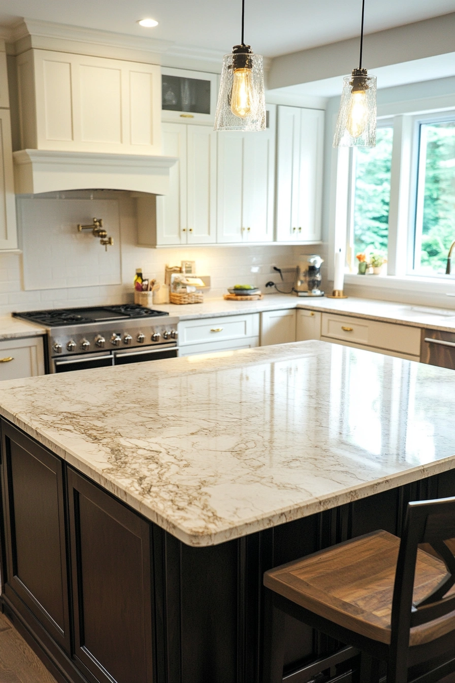 Classic White Kitchen with Marble Island