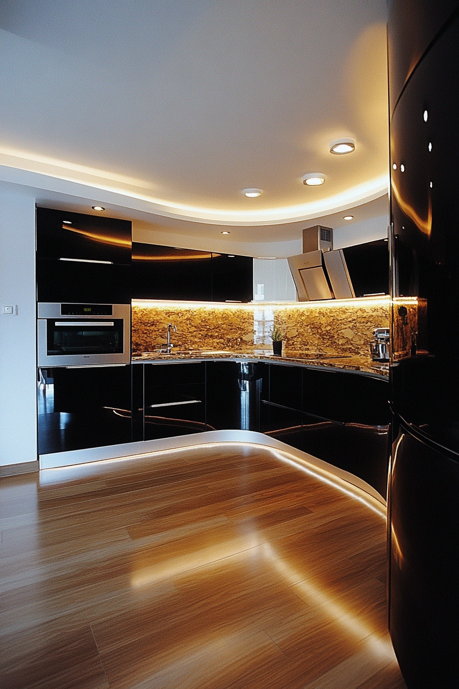 Futuristic Black Kitchen with LED Glow