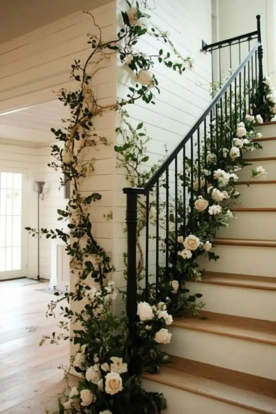 Romantic Farmhouse Staircase with Floral Magic