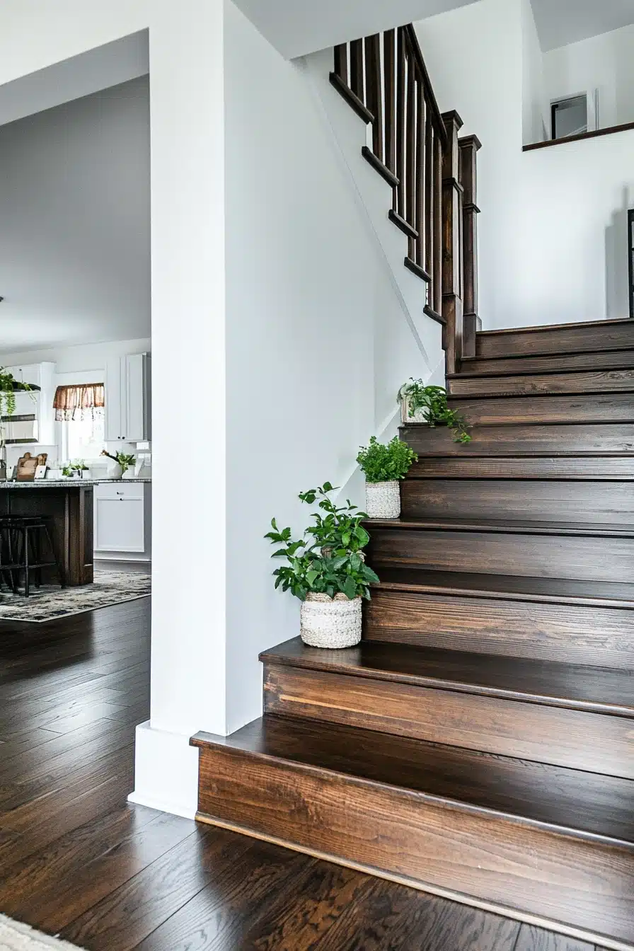 Warm Farmhouse Staircase with Fresh Greens