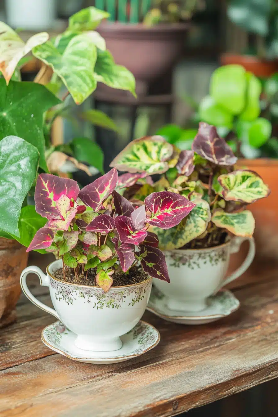 Whimsical Coleus in Vintage Teacups