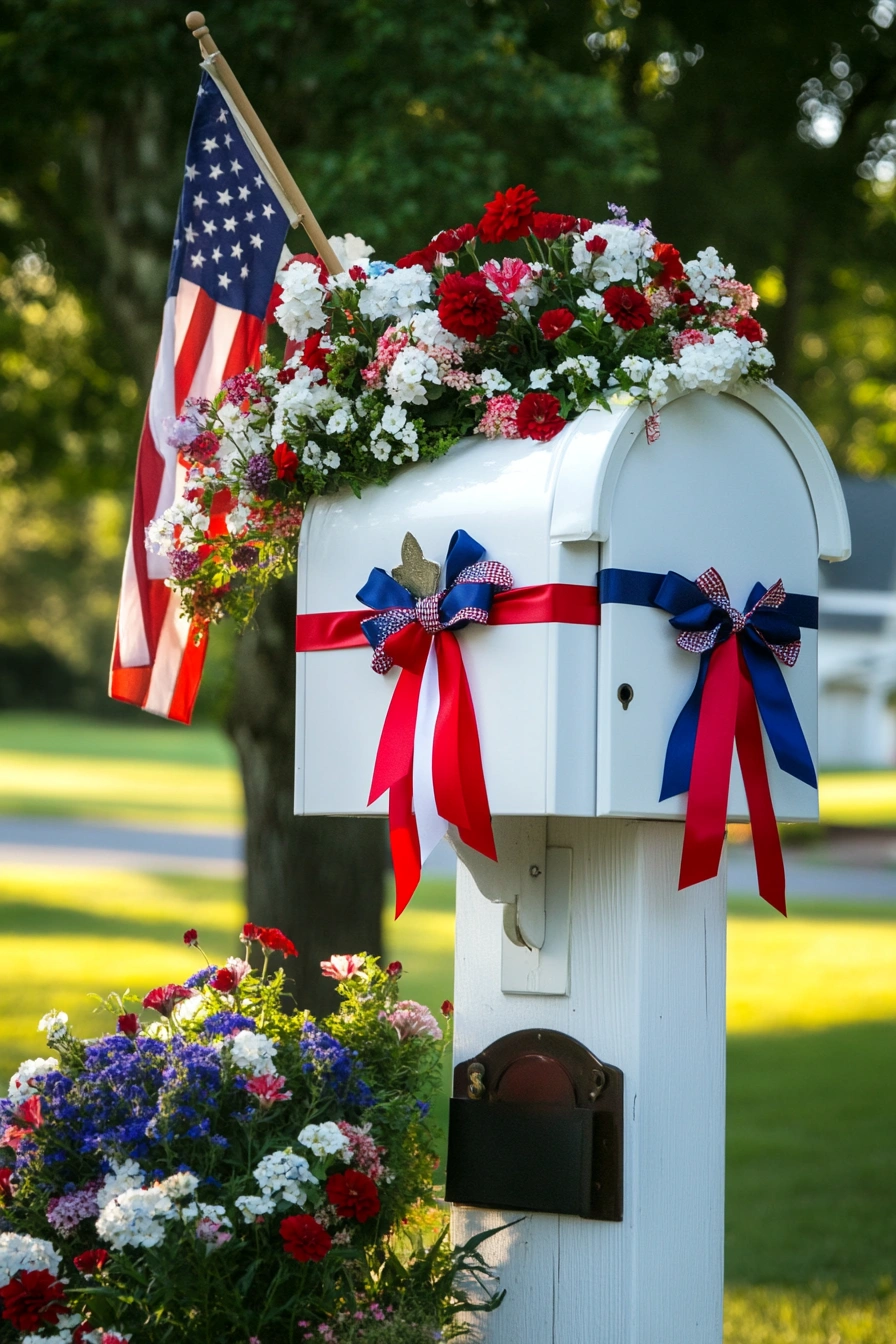 Patriotic Mailbox Decor with Florals and Flags