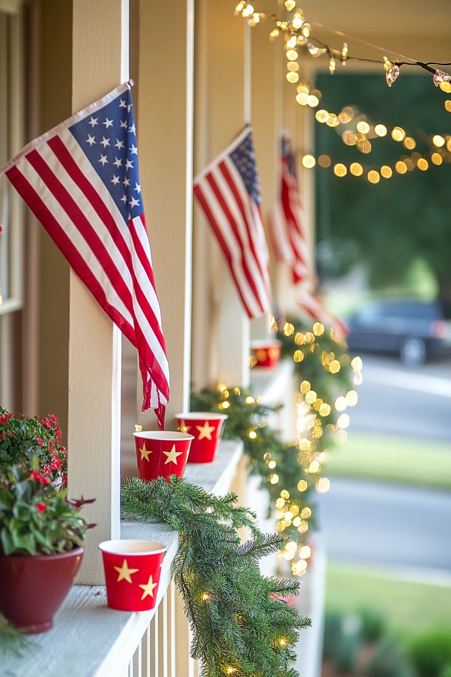 Festive Porch with Flags and Lights