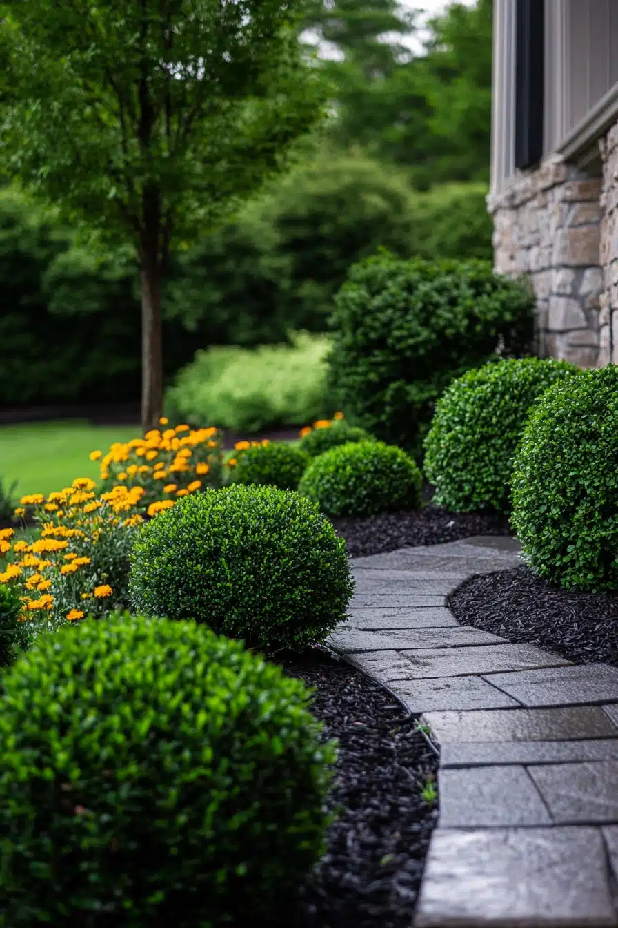 Curved Stone Path with Sculpted Shrubs
