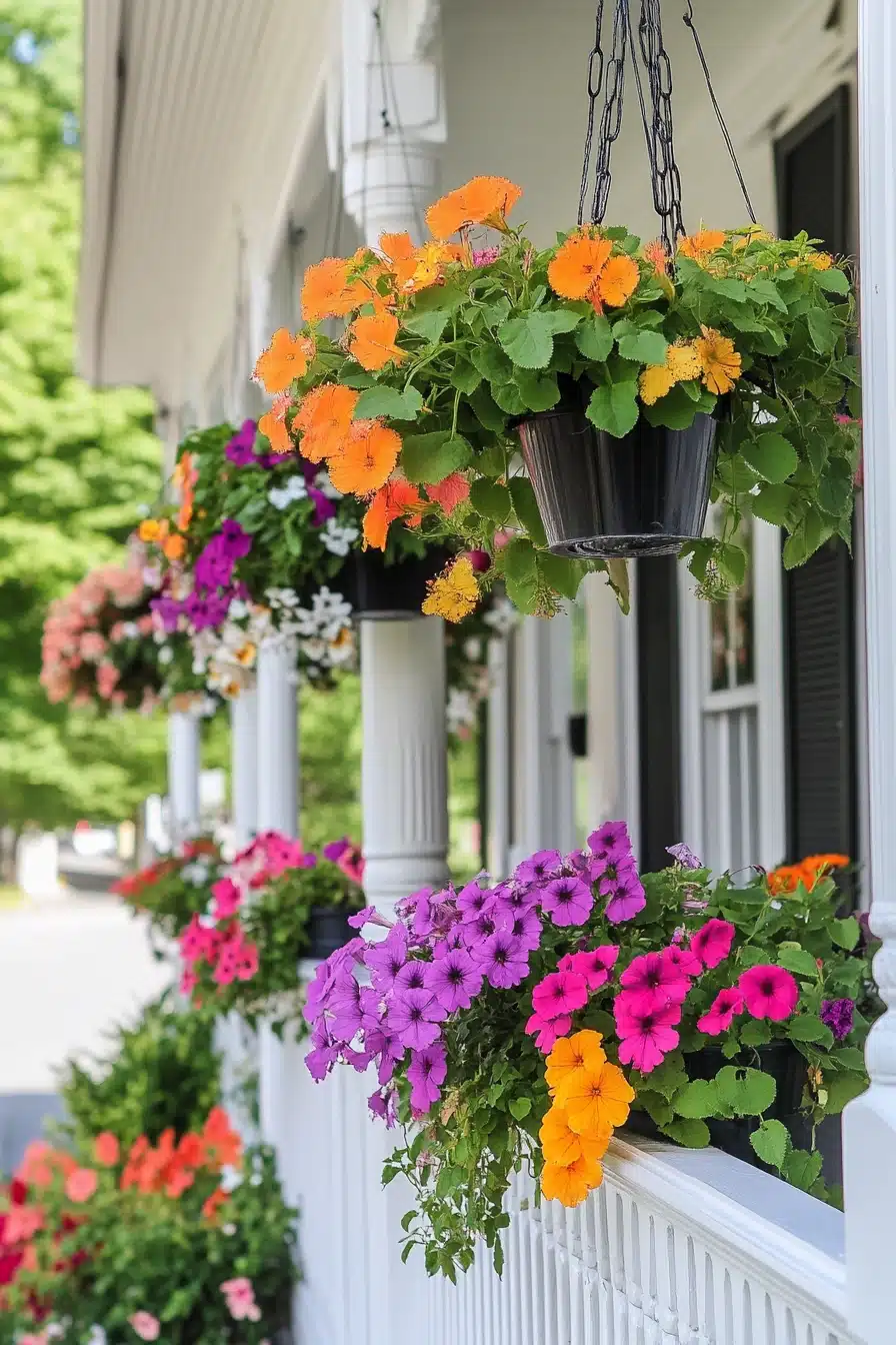 Bright Porch Planters with Cascading Blooms