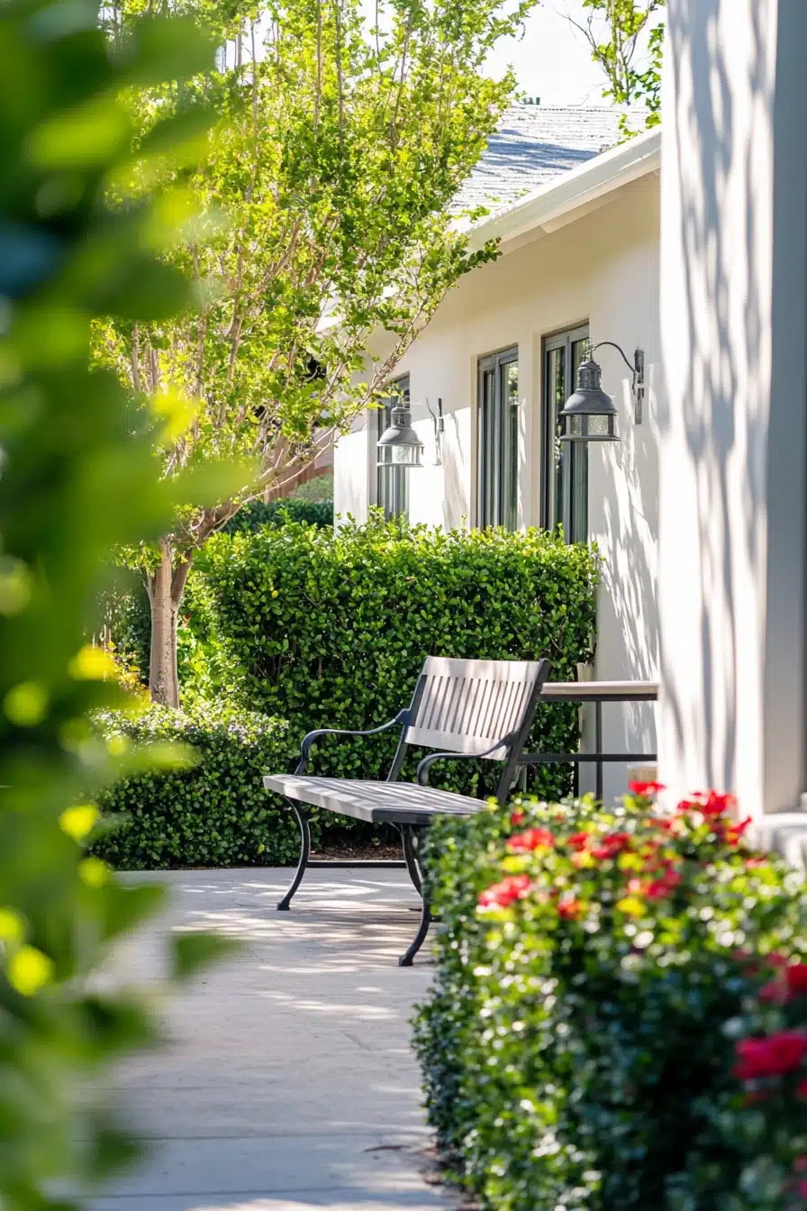 Cozy Side Patio with Classic Green Hedges