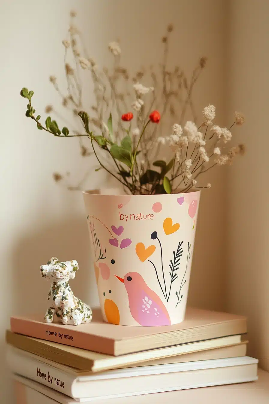 Whimsical Bird and Heart Painted Pot