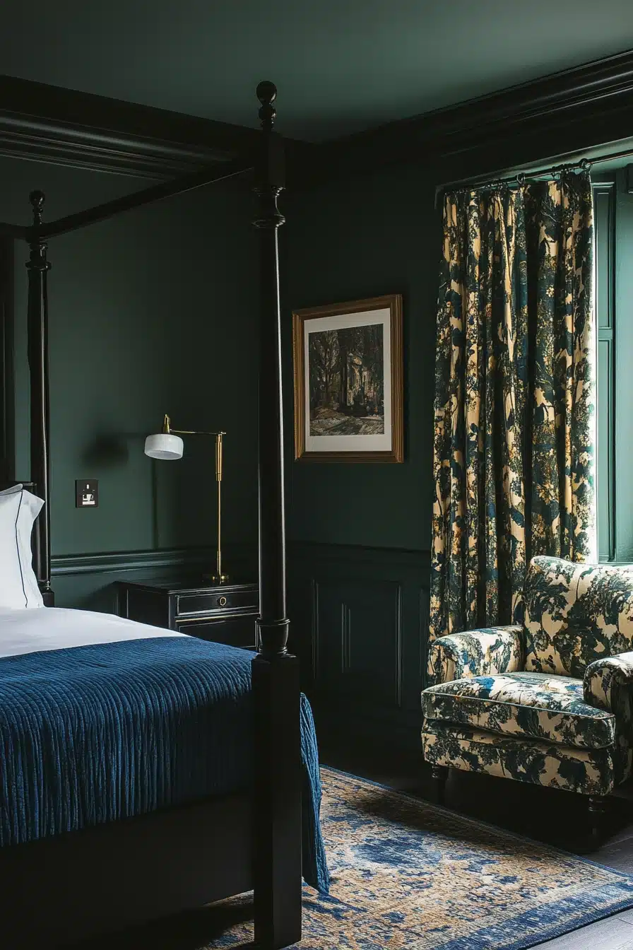Moody Green Bedroom with Vintage Drama