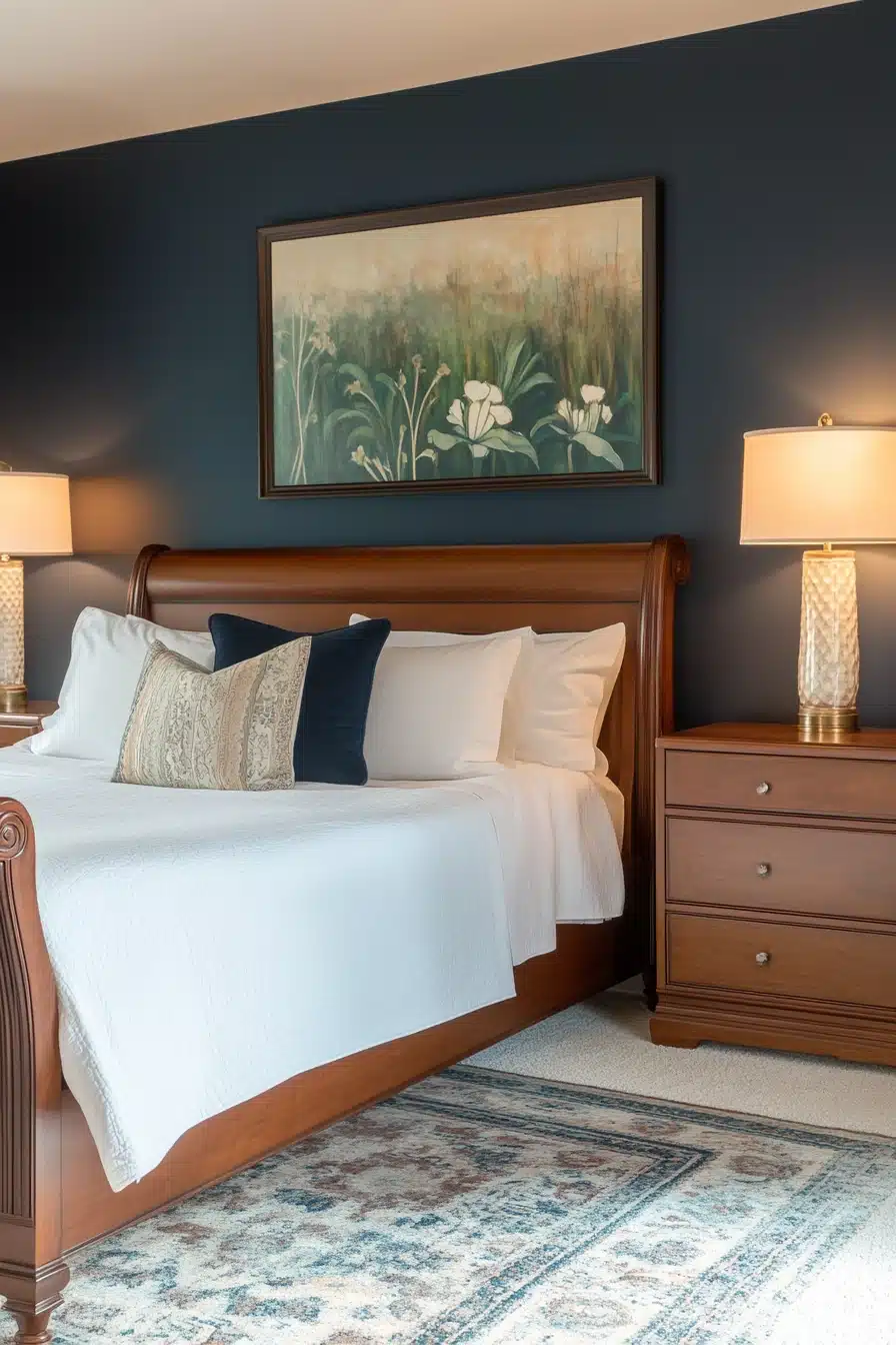 Moody Navy Bedroom with Rustic Warmth