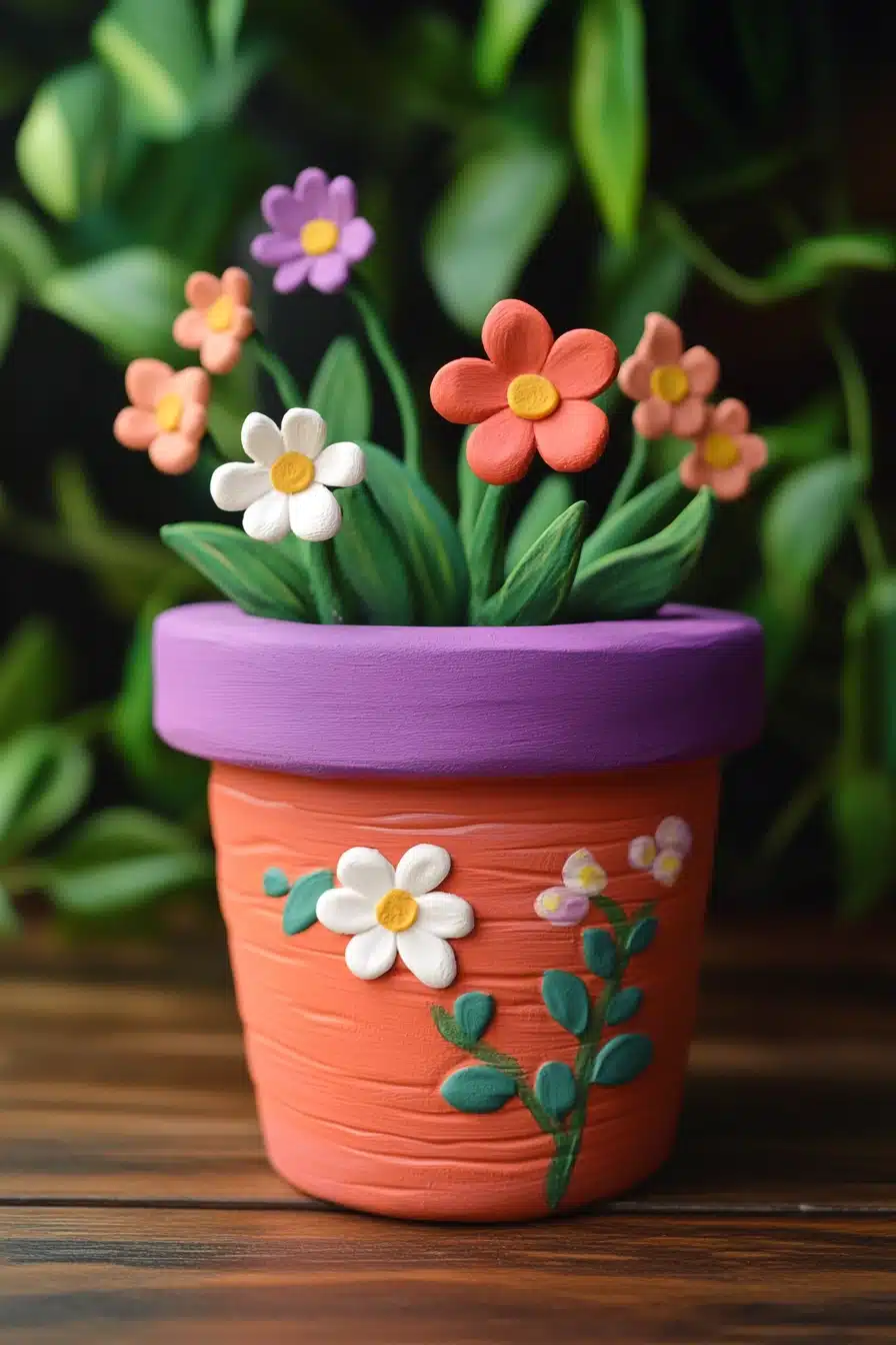 Whimsical Clay Flower Painted Pot