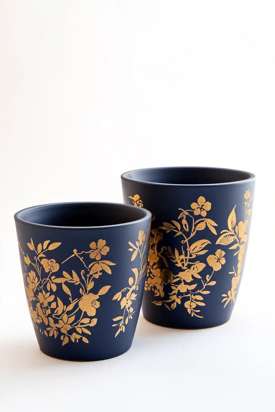 Elegant Navy Pots with Golden Florals