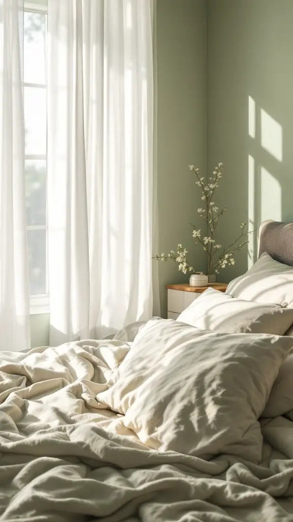 A serene bedroom with soft sage green walls, natural light, and cozy bedding.